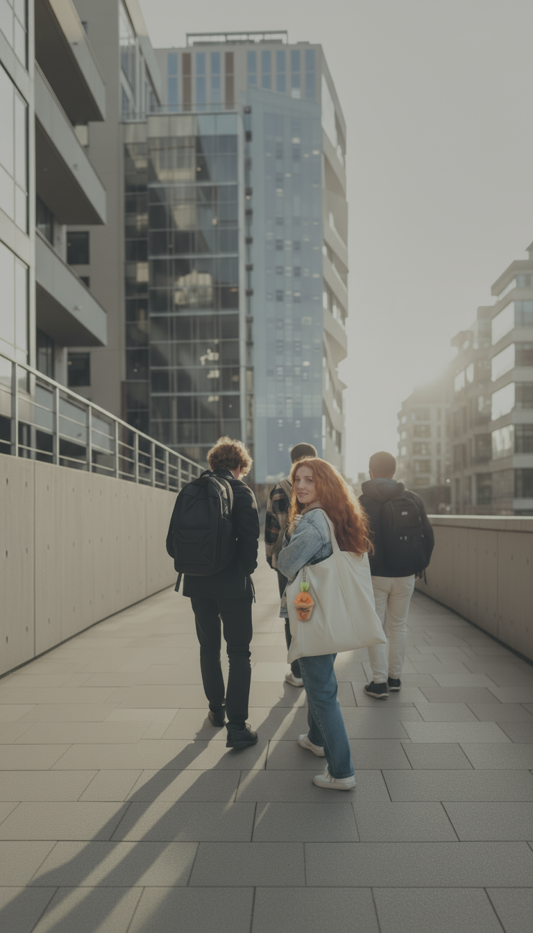 A smiling young woman looks back while carrying a white tote bag with a carrot keychain, walking alongside friends wearing casual backpacks.